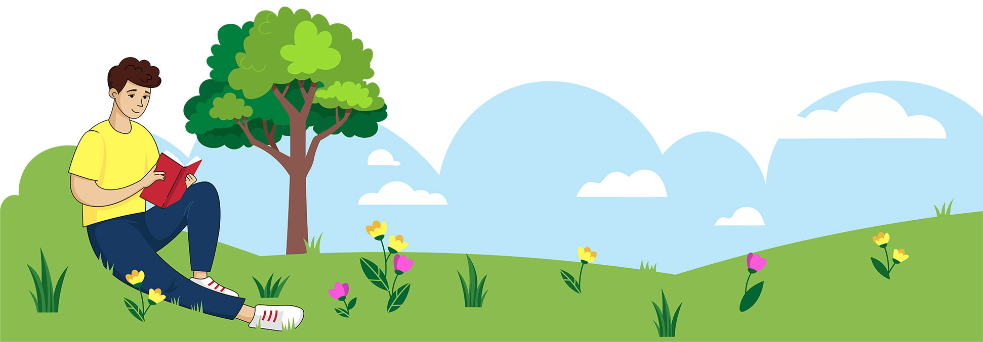Illustration of a person sitting on a grassy hill under a tree, reading a book