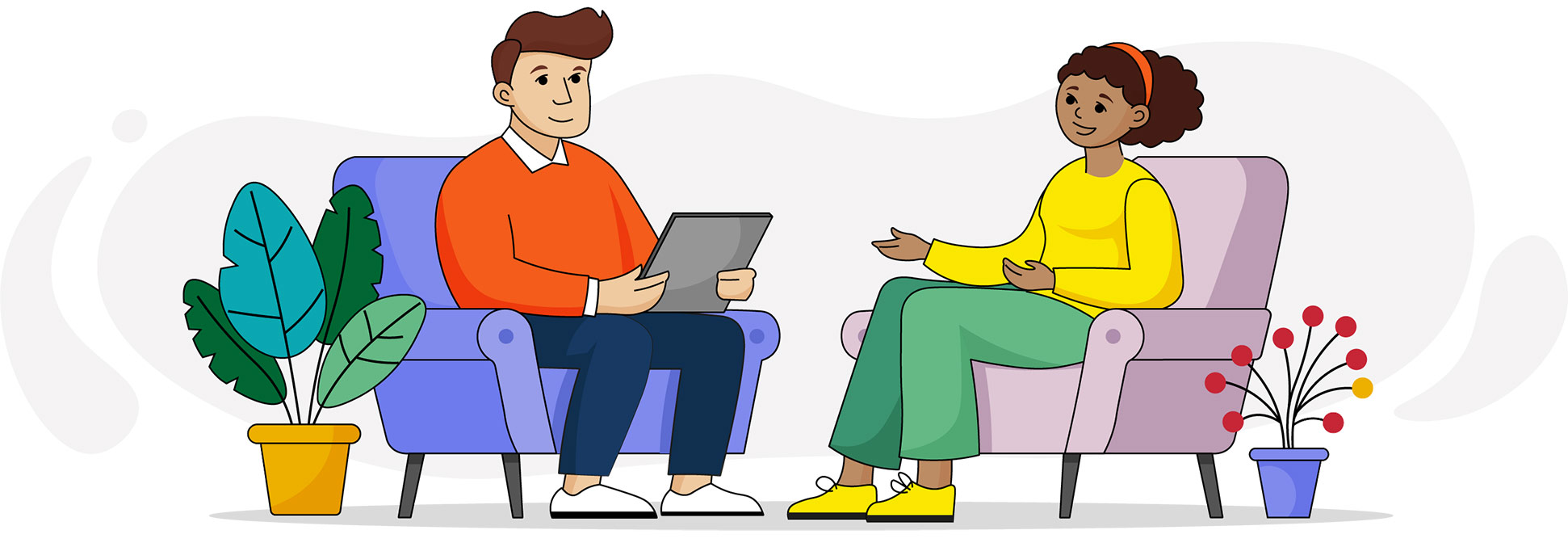 Illustration of a professional consultation setting, with two people seated in armchairs in a calm and welcoming atmosphere