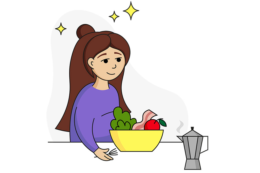 Illustration of a smiling woman sitting at a table with a bowl of fruits and vegetables