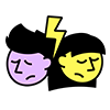 Icon of two faces, purple and yellow, looking in different directions and separated by a lightning