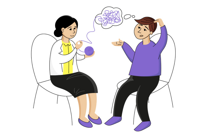 Illustration of a therapist, holding a ball of yarn as if unraveling thoughts of a near-seated client