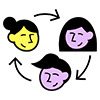 Three faces with peaceful and smiling expressions