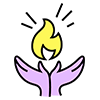 Icon of two hands holding a yellow flame, symbolizing hope and empowerment