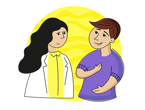 Illustration of a friendly interaction between a healthcare professional and a smiling individual