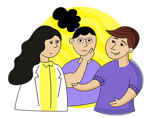 Illustration of a healthcare professional interacting with two individuals