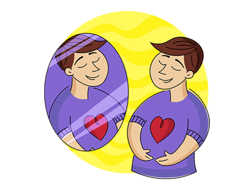 Illustration of a smiling individual looking at their reflection in a mirror with a heart in their hands